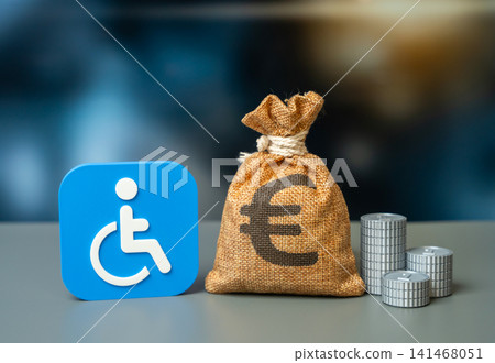Symbol of a person with a disability and a euro money bag. Budget line item for supporting vulnerable groups. Cash benefits and social payments. Symbol of a person with a disability and a euro money bag. Budget line item for supporting vulnerable groups. Cash benefits and social payments. 141468051