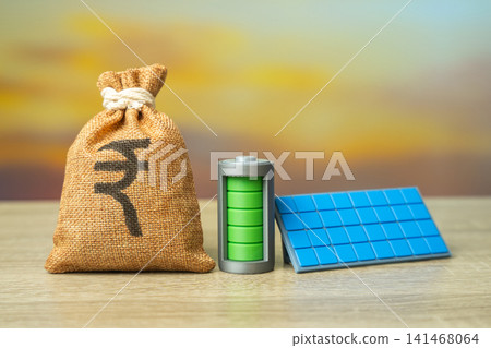 A solar panel and a Indian rupee money bag. Profit from investing in an autonomous energy system. Investments in green energy. 141468064
