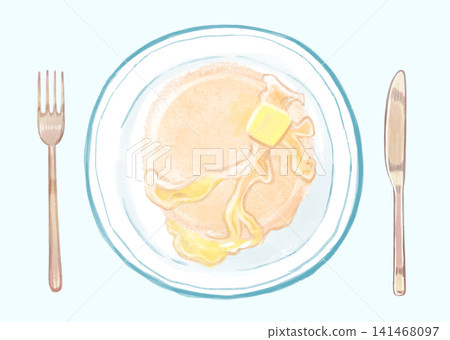 Pancakes, directly above, knife, fork Pancakes, directly above, knife, fork 141468097