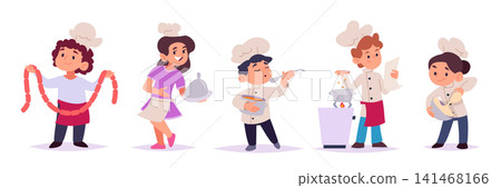 Kids chefs. Vector collection features happy children cooking baking serving food and holding kitchen tools exact illustrations Kids chefs. Vector collection features happy children cooking baking serving food and holding kitchen tools exact illustrations 141468166
