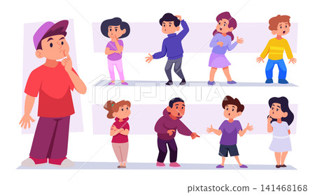 Question concept. Vector illustration features kids with puzzled emotions and question symbols for learning and thinking exact scenes Question concept. Vector illustration features kids with puzzled emotions and question symbols for learning and thinking exact scenes 141468168