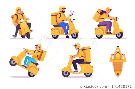 Courier service. Vector illustration features delivery scooter driver front side and rear views for logistics exact collection 141468171