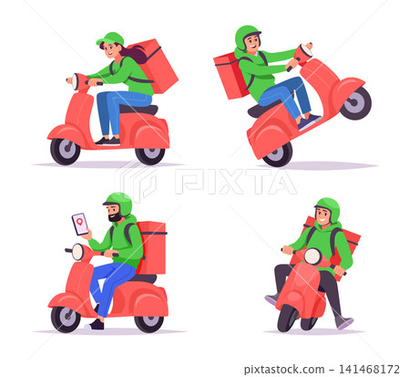 Delivery scooter. Vector illustration shows courier riders on a motor scooter from multiple views with cargo box as exact transport set Delivery scooter. Vector illustration shows courier riders on a motor scooter from multiple views with cargo box as exact transport set 141468172