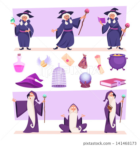 Magic character. Vector illustration shows a wise sorceress with staff spellbook crystal ball potion and magical items as exact assets 141468173