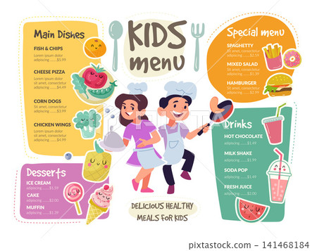 Kids menu. Vector restaurant menu template with happy children colorful meals desserts drinks and playful food illustrations Kids menu. Vector restaurant menu template with happy children colorful meals desserts drinks and playful food illustrations 141468184