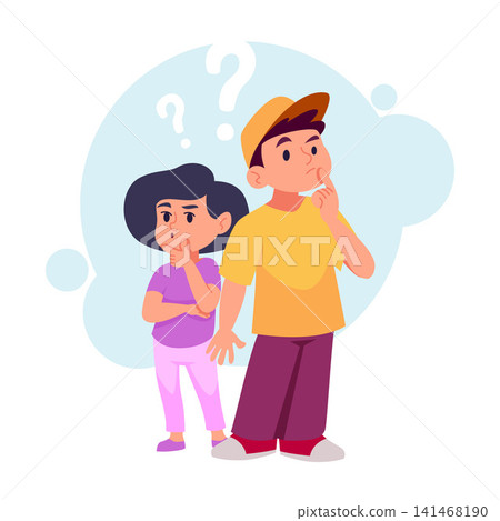 Curious kids. Vector illustration shows thoughtful children asking questions with question marks and confused expressions Curious kids. Vector illustration shows thoughtful children asking questions with question marks and confused expressions 141468190