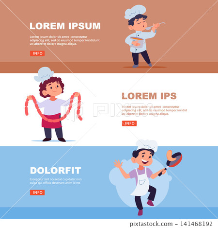 Chef banners. Vector website banners with happy chef characters cooking serving food and preparing delicious meals Chef banners. Vector website banners with happy chef characters cooking serving food and preparing delicious meals 141468192