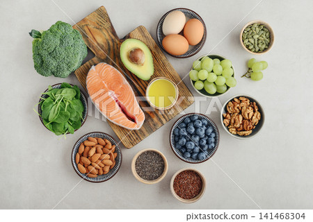 Nutrient rich foods with omega 3, antioxidants and vitamins supporting memory, focus and cognitive health Nutrient rich foods with omega 3, antioxidants and vitamins supporting memory, focus and cognitive health 141468304