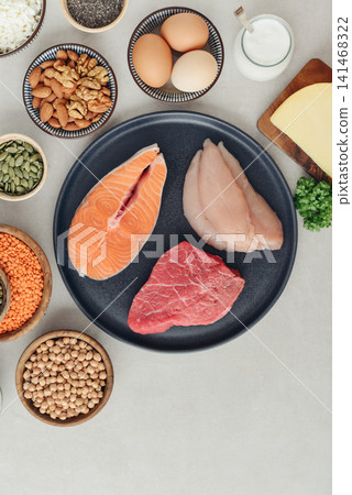 Healthy balanced nutrition with animal and plant based protein sources. Healthy balanced nutrition with animal and plant based protein sources. 141468322