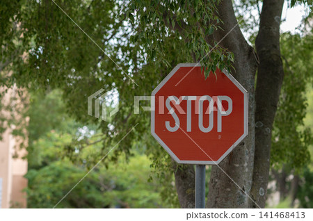 Red stop sign mounted on a pole surrounded by green trees in a residential area Red stop sign mounted on a pole surrounded by green trees in a residential area 141468413