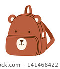 Cute bear school bag. Adorable animal backpack for back to school, education, kindergarten, preschool, stickers, and children's projects. Vector illustration in cartoon style. Isolated background 141468422