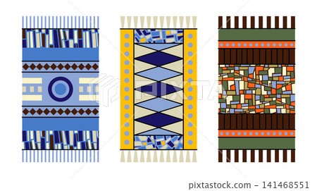 Colorful vector set of designs of carpets, towels and bedspreads with textures, patterns with geometric motifs. Fragments of frescoes and mosaics with the effect of broken glass, terrazzo and marble. Colorful vector set of designs of carpets, towels and bedspreads with textures, patterns with geometric motifs. Fragments of frescoes and mosaics with the effect of broken glass, terrazzo and marble. 141468551