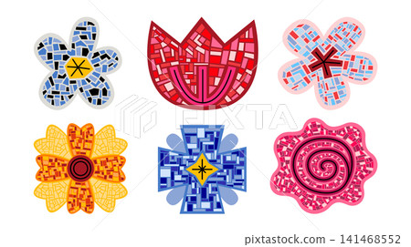 Colorful set of buds of spring and summer flowers with textures and ornaments with geometric motifs. Fragments of frescoes and mosaics with the effect of broken glass, terrazzo, ceramics and marble. 141468552