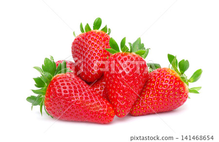 Strawberries isolated. Ripe strawberries, strawberry with green leaves on a white background. Strawberries isolated. Ripe strawberries, strawberry with green leaves on a white background. 141468654