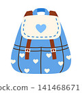 Cute denim school backpack. Stylish kids backpack with heart pattern. Back to school, education, preschool, and children's projects concept. Vector illustration in cartoon style 141468671