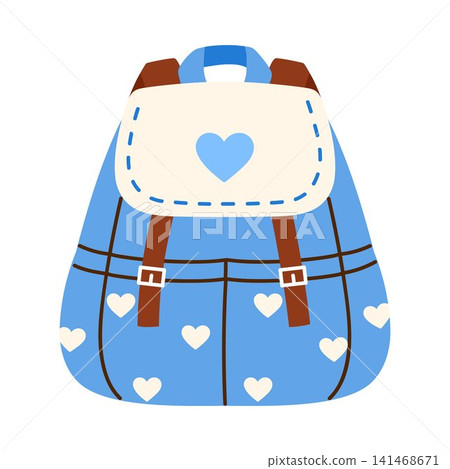 Cute denim school backpack. Stylish kids backpack with heart pattern. Back to school, education, preschool, and children's projects concept. Vector illustration in cartoon style Cute denim school backpack. Stylish kids backpack with heart pattern. Back to school, education, preschool, and children's projects concept. Vector illustration in cartoon style 141468671