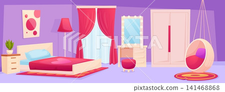 Little princess room. Light pink and purple interior for girl. Cozy bed, wardrobe, curtains and floor lamp. Dopamine area for female character, nowaday vector scene Little princess room. Light pink and purple interior for girl. Cozy bed, wardrobe, curtains and floor lamp. Dopamine area for female character, nowaday vector scene 141468868