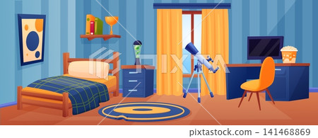 Teen boy cartoon bedroom. Room for teenager with bed, study desk, telescope and carpet. Male style interior for young guy with furniture, nowaday vector scene Teen boy cartoon bedroom. Room for teenager with bed, study desk, telescope and carpet. Male style interior for young guy with furniture, nowaday vector scene 141468869