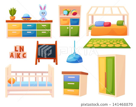Kids bedroom furniture. Baby room accessories, cartoon furnitures, toys. Toys and wardrobe, lamp, carpet and shelf. Preschool child area, nowaday vector set Kids bedroom furniture. Baby room accessories, cartoon furnitures, toys. Toys and wardrobe, lamp, carpet and shelf. Preschool child area, nowaday vector set 141468870