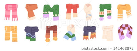 Knitting scarves. Warm scarf for cold weather. Seasonal stylish unisex accessories for winter, autumn, spring. Cartoon outfit elements, racy vector set 141468872