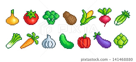 Vegetable pixel icons. Fresh different veggies pixelated style. Arcade gaming 8 bit elements design. Tomato, carrot, cucumber, corn, tidy vector set 141468880