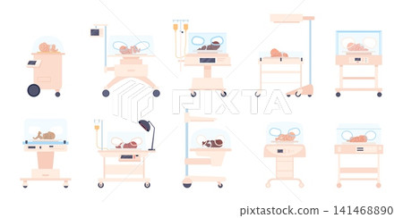 Baby in incubator. Newborn babies in special medical incubators, neonatal caring in hospital. Medicine support for little patients, recent vector set Baby in incubator. Newborn babies in special medical incubators, neonatal caring in hospital. Medicine support for little patients, recent vector set 141468890