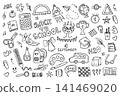 Cute back to school black line hand drawn doodle vector set. Whimsical characters, educational lettering, graduation cap, paper plane, globe, ruler, notes, school bus, notebook, pencil, backpack, etc. 141469020