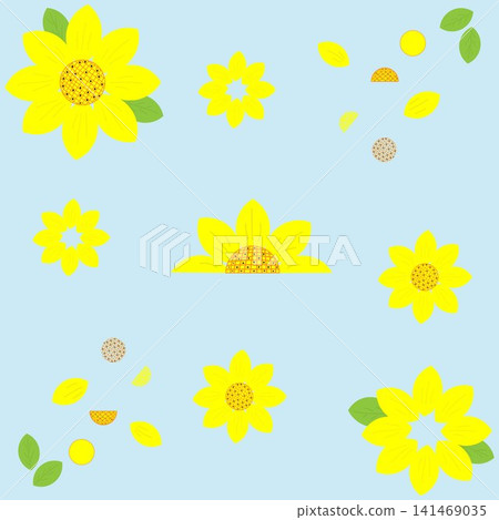 On a blue background, yellow sunflowers with seeds and green leaves On a blue background, yellow sunflowers with seeds and green leaves 141469035