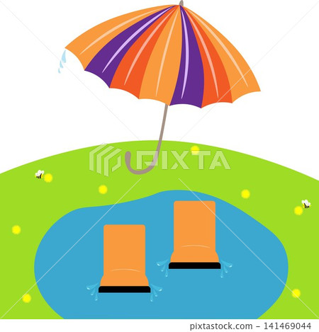 On a spring lawn, in a puddle, a pair of funny orange children s rubber boots with a colorful umbrella and water droplets. Vector illustration On a spring lawn, in a puddle, a pair of funny orange children s rubber boots with a colorful umbrella and water droplets. Vector illustration 141469044