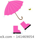 A pair of funny pink children s rubber boots with a pink umbrella, droplets, and a bee. Children s waterproof shoes. Vector illustration 141469054