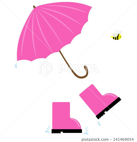 A pair of funny pink children s rubber boots with a pink umbrella, droplets, and a bee. Children s waterproof shoes. Vector illustration 141469054