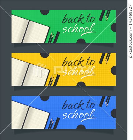 back to school colorful horizontal banner set with notebook and stationery vector illustration. back to school colorful horizontal banner set with notebook and stationery vector illustration. 141469227