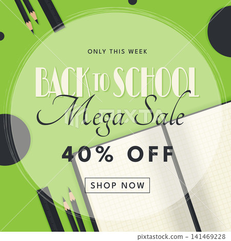 back to school green sale banner with notebook and stationery vector illustration. back to school green sale banner with notebook and stationery vector illustration. 141469228