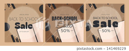 back to school sale square banner set with neutral earth tones vector illustration. 141469229