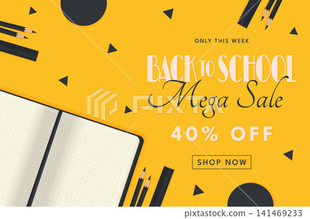 back to school sale yellow banner with notebook and pencils vector illustration. back to school sale yellow banner with notebook and pencils vector illustration. 141469233