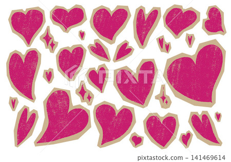 Cutout hearts with crayon scribble texture for a scrapbook or love theme. Hand drawn paper cut collage with doodle line sketch texture background. Collage of a torn heart stickers and icons Cutout hearts with crayon scribble texture for a scrapbook or love theme. Hand drawn paper cut collage with doodle line sketch texture background. Collage of a torn heart stickers and icons 141469614