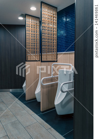 Clean men's restroom with privacy partitions Clean men's restroom with privacy partitions 141469861