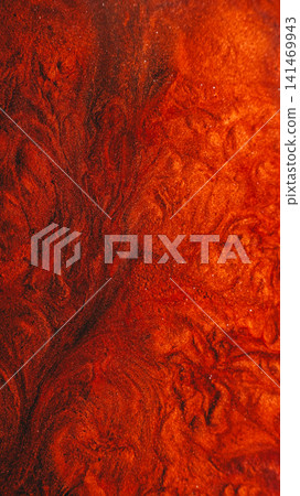 Red ink stream. Lava spill. Bright color sparkling curl swirl with black pigment liquid. Art volcanic magma mess abstract blur background. Red ink stream. Lava spill. Bright color sparkling curl swirl with black pigment liquid. Art volcanic magma mess abstract blur background. 141469943