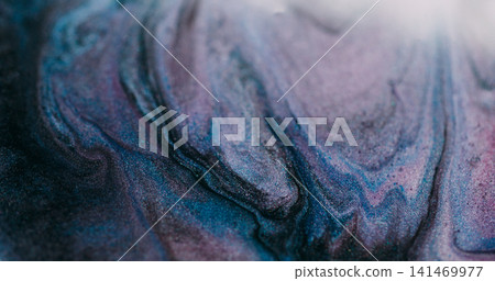 Shimmering fluid blur. Paint stream. Purple blue liquid pigment wave spill with black gray glitter mixing color abstract background. Shimmering fluid blur. Paint stream. Purple blue liquid pigment wave spill with black gray glitter mixing color abstract background. 141469977