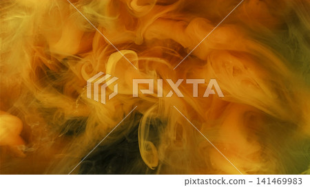 Smoke fluid blur. Fume wave. Yellow orange spiral curl paint spreading underwater blending hot color on dark abstract liquid background. Smoke fluid blur. Fume wave. Yellow orange spiral curl paint spreading underwater blending hot color on dark abstract liquid background. 141469983
