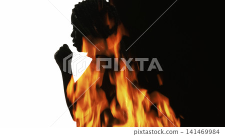 Air pollution. Respiratory protection. Double exposure burning fire profile woman silhouette coughing isolated on white copy space. Air pollution. Respiratory protection. Double exposure burning fire profile woman silhouette coughing isolated on white copy space. 141469984