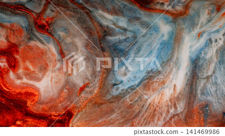 Shimmering flow. Colorful mix background. Red white blue glitter particles paint swirl on abstract texture. Bright dye blur splash. 141469986