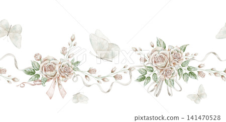 Watercolor seamless Border with white Butterflies and pastel pink roses. Illustration of vintage floral pattern for wedding stationery, invitations and feminine projects. Botanical frame. Watercolor seamless Border with white Butterflies and pastel pink roses. Illustration of vintage floral pattern for wedding stationery, invitations and feminine projects. Botanical frame. 141470528