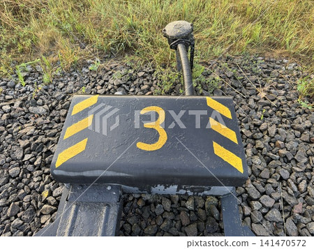 Weathered Industrial Railway Switch Box with Number 3 and Yellow Markings Weathered Industrial Railway Switch Box with Number 3 and Yellow Markings 141470572