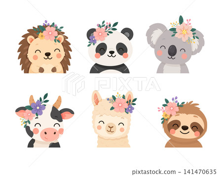 Set cute animal portraits featuring hedgehog, panda, koala, cow, alpaca and sloth with floral crowns. Flat vector illustration isolated on a white background. Set cute animal portraits featuring hedgehog, panda, koala, cow, alpaca and sloth with floral crowns. Flat vector illustration isolated on a white background. 141470635