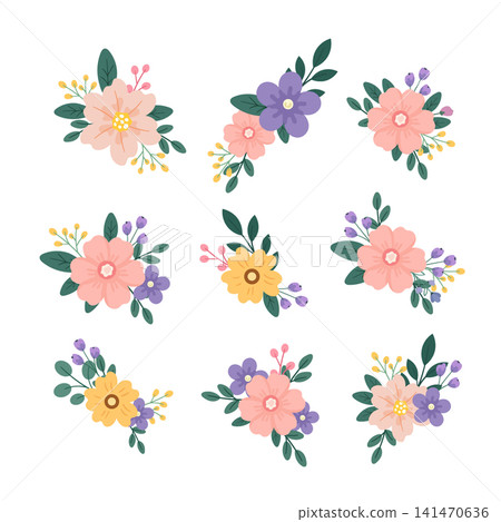 Set floral bouquet featuring pastel pink, yellow and purple flowers with green leaves. Flat vector illustration isolated on a white background. Perfect for wedding invitations, greeting cards. Set floral bouquet featuring pastel pink, yellow and purple flowers with green leaves. Flat vector illustration isolated on a white background. Perfect for wedding invitations, greeting cards. 141470636