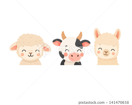 Cute collection of smiling farm animal portraits featuring a sheep, cow, and alpaca in a flat cartoon vector style, perfect for nursery, kids, and educational designs. Cute collection of smiling farm animal portraits featuring a sheep, cow, and alpaca in a flat cartoon vector style, perfect for nursery, kids, and educational designs. 141470638