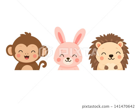Cute collection of smiling animal portraits featuring a monkey, rabbit, and hedgehog in a flat cartoon vector style, perfect for nursery, kids, and educational designs. Cute collection of smiling animal portraits featuring a monkey, rabbit, and hedgehog in a flat cartoon vector style, perfect for nursery, kids, and educational designs. 141470642