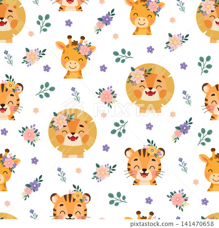 Seamless pattern with cute lion and giraffe characters wearing floral crowns, surrounded by pastel flowers and leaves in a flat vector style for nursery decor. Seamless pattern with cute lion and giraffe characters wearing floral crowns, surrounded by pastel flowers and leaves in a flat vector style for nursery decor. 141470658