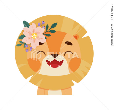Cute flat vector illustration of a smiling lion character with rosy cheeks and a beautiful floral crown, isolated on a white background. Adorable nursery animal design. Cute flat vector illustration of a smiling lion character with rosy cheeks and a beautiful floral crown, isolated on a white background. Adorable nursery animal design. 141470672